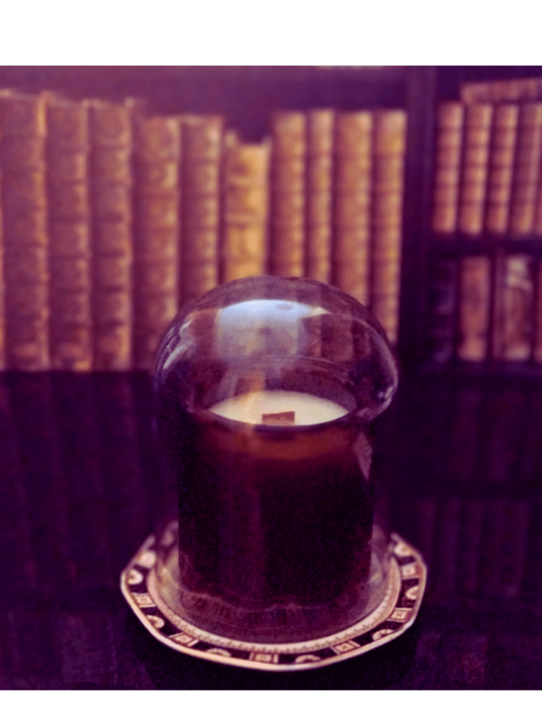 candle on a porcelain dish serving as a coaster, under a glass cloche in front of a library wall