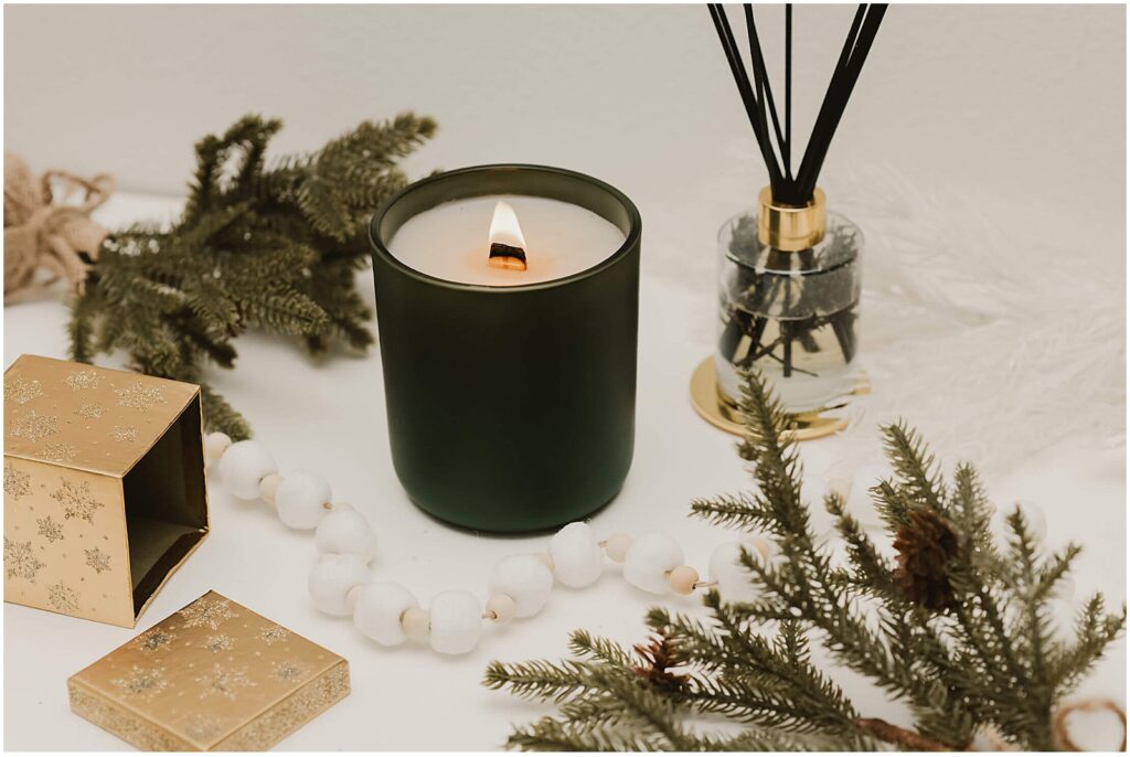 Pistachio & Saffron scented candle in a green glass vessel